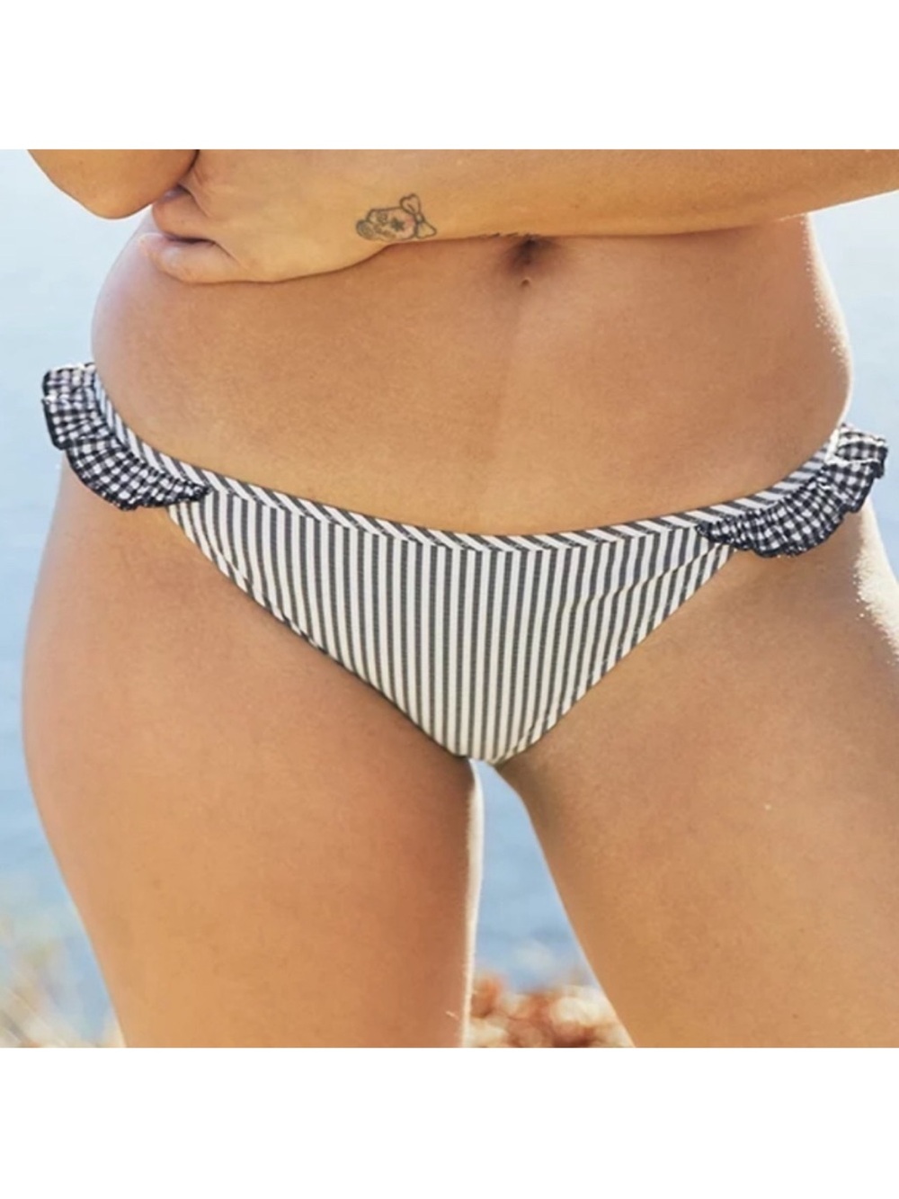 aerie Black & White Striped Ruffle-Side Bikini Bottom